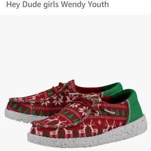 Size 4 Hey Dude Wendy Youth Holiday Shoes. Red, Green, White